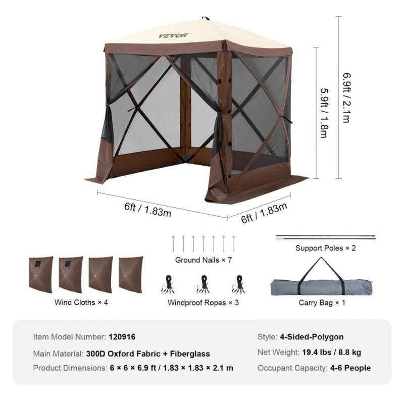 Tents | Pop Up Gazebo Tent, Pop-Up Screen Tent 4 Sided Canopy Sun Shelter with 4 Removable Privacy Wind Cloths & Mesh Windows, 6x6FT Quick Set Screen Tent with Mosquito Netting, Brown Brown Lawn & Garden Brown