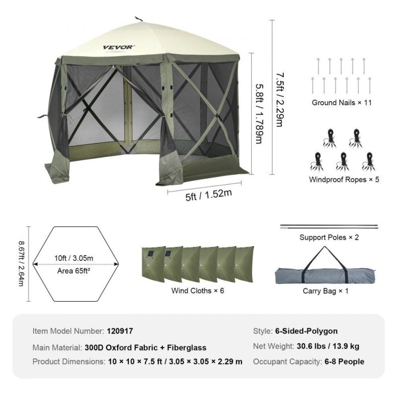 Tents | Pop Up Gazebo Tent, Pop-Up Screen Tent 6 Sided Canopy Sun Shelter with 6 Removable Privacy Wind Cloths & Mesh Windows, 10x10FT Quick Set Screen Tent with Mosquito Netting, Army Green Military Green Lawn & Garden Military Green