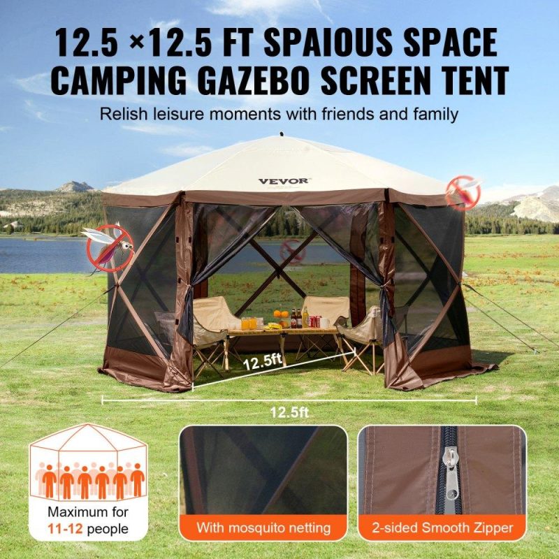 Tents | Pop Up Gazebo Tent, Pop-Up Screen Tent 6 Sided Canopy Sun Shelter with 6 Removable Privacy Wind Cloths & Mesh Windows, 12.5×12.5FT Quick Set Screen Tent with Mosquito Netting, Brown Brown Lawn & Garden Brown