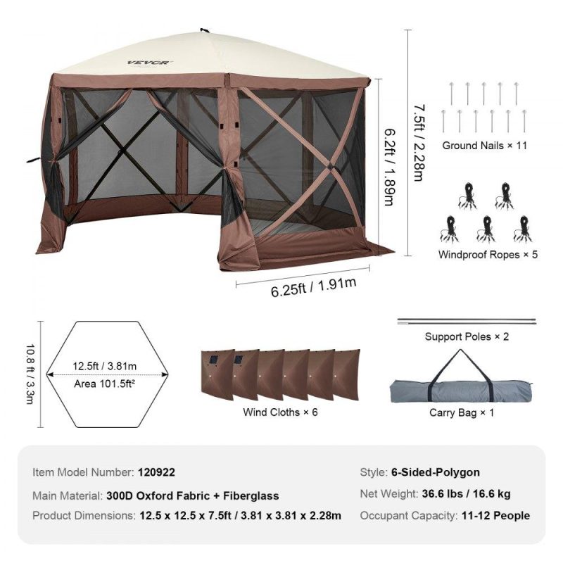 Tents | Pop Up Gazebo Tent, Pop-Up Screen Tent 6 Sided Canopy Sun Shelter with 6 Removable Privacy Wind Cloths & Mesh Windows, 12.5×12.5FT Quick Set Screen Tent with Mosquito Netting, Brown Brown Lawn & Garden Brown