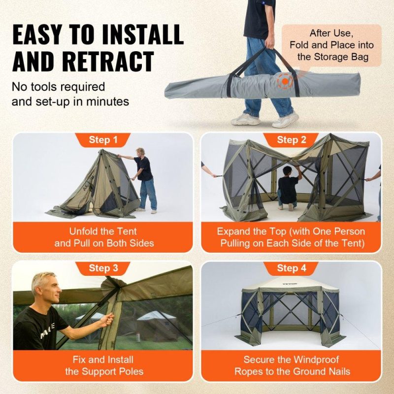 Tents | Pop Up Gazebo Tent, Pop-Up Screen Tent 6 Sided Canopy Sun Shelter with 6 Removable Privacy Wind Cloths & Mesh Windows, 12x12FT Quick Set Screen Tent with Mosquito Netting, Army Green Military Green Lawn & Garden Military Green