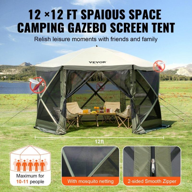 Tents | Pop Up Gazebo Tent, Pop-Up Screen Tent 6 Sided Canopy Sun Shelter with 6 Removable Privacy Wind Cloths & Mesh Windows, 12x12FT Quick Set Screen Tent with Mosquito Netting, Army Green Military Green Lawn & Garden Military Green