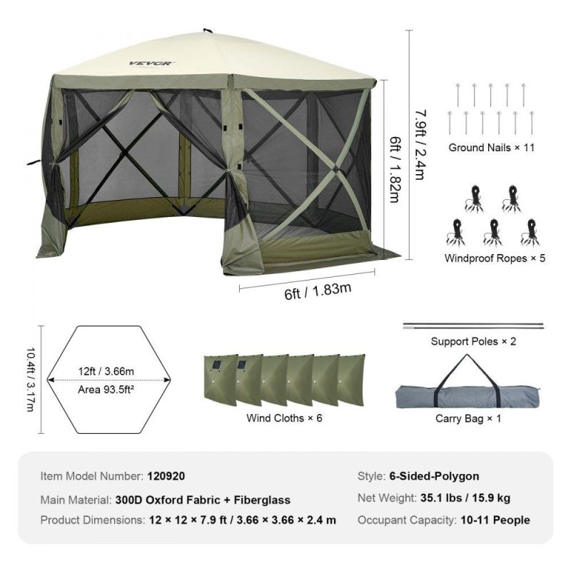 Tents | Pop Up Gazebo Tent, Pop-Up Screen Tent 6 Sided Canopy Sun Shelter with 6 Removable Privacy Wind Cloths & Mesh Windows, 12x12FT Quick Set Screen Tent with Mosquito Netting, Army Green Military Green Lawn & Garden Military Green