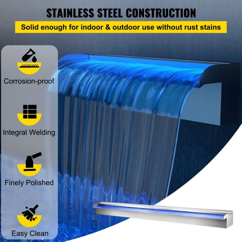 Water Gardens & Ponds | Pool Fountain 47.2″ x 4.5″ x 3.1″ Stainless Steel Pool Waterfall with LED Strip Light Waterfall Spillway with Pipe Connector Rectangular Garden Outdoor Lawn & Garden Water Gardens & Ponds