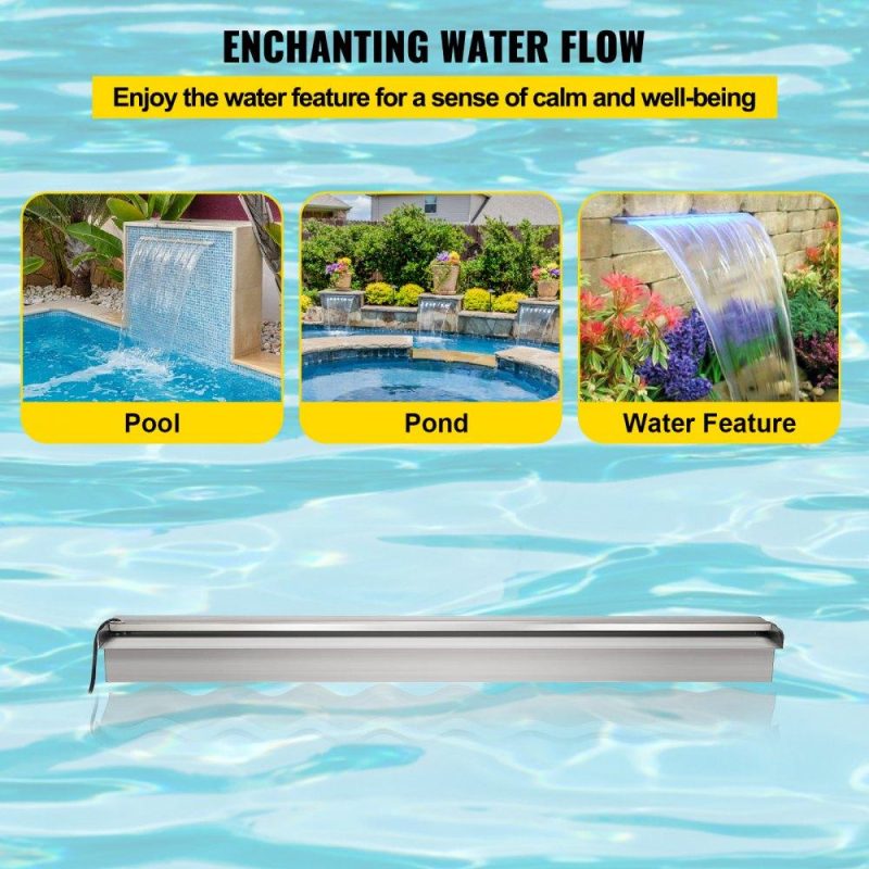 Water Gardens & Ponds | Pool Fountain 47.2″ x 4.5″ x 3.1″ Stainless Steel Pool Waterfall with LED Strip Light Waterfall Spillway with Pipe Connector Rectangular Garden Outdoor Lawn & Garden Water Gardens & Ponds