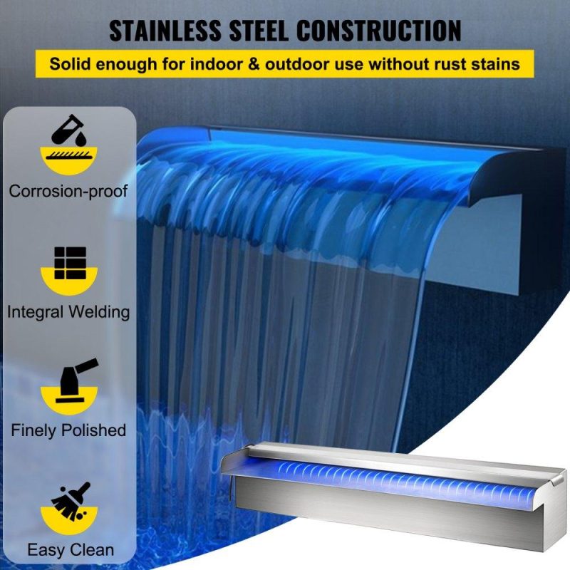 Water Gardens & Ponds | Pool Fountain Stainless Steel Pool Waterfall 11.8″ x 4.5″ x 3.1″(W x D x H) with LED Strip Light Waterfall Spillway with Pipe Connector Rectangular Garden Outdoor Lawn & Garden Water Gardens & Ponds