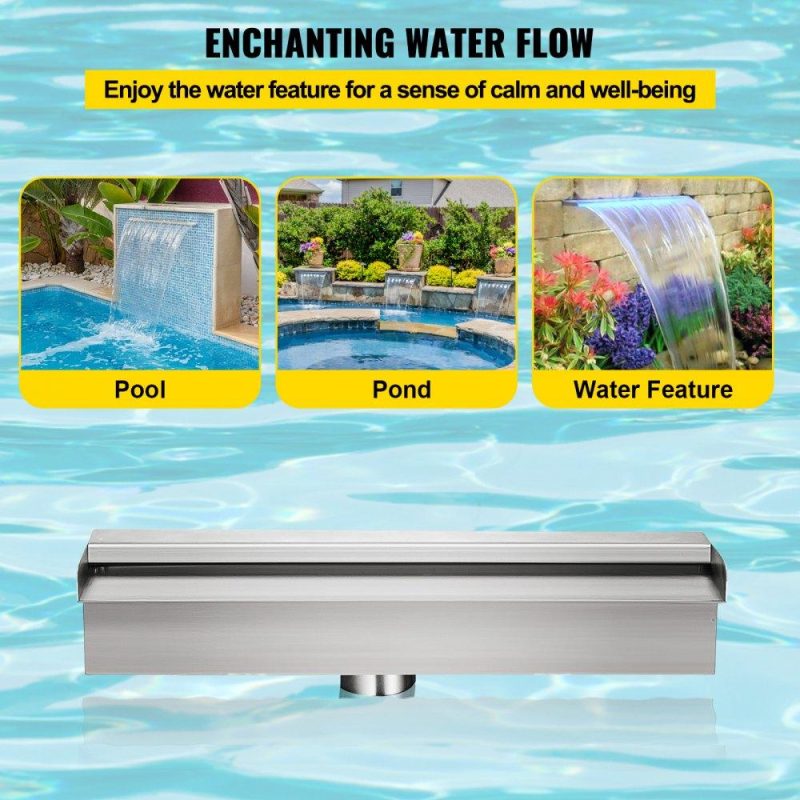 Water Gardens & Ponds | Pool Fountain Stainless Steel Pool Waterfall 11.8″ x 4.5″ x 3.1″(W x D x H) with LED Strip Light Waterfall Spillway with Pipe Connector Rectangular Garden Outdoor Lawn & Garden Water Gardens & Ponds