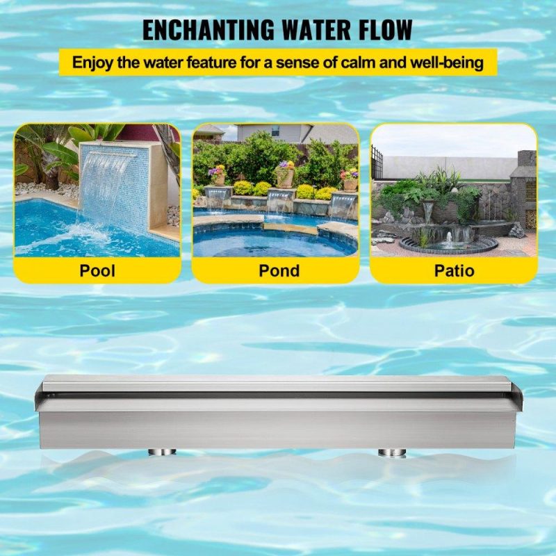 Water Gardens & Ponds | Pool Fountain Stainless Steel Pool Waterfall 23.6″ x 4.5″ x 3.1″(W x D x H) Waterfall Spillway with Pipe Connector Rectangular Garden Outdoor, Silver Lawn & Garden Water Gardens & Ponds