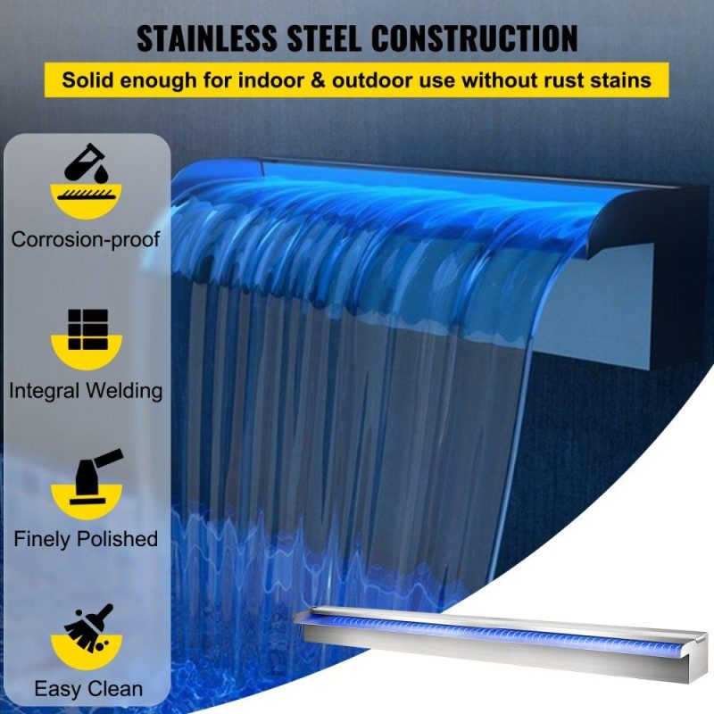 Water Gardens & Ponds | Pool Fountain Stainless Steel Pool Waterfall 35.4″ x 4.5″ x 3.1″(W x D x H) with LED Strip Light Waterfall Spillway with Pipe Connector Rectangular Garden Outdoor Lawn & Garden Water Gardens & Ponds