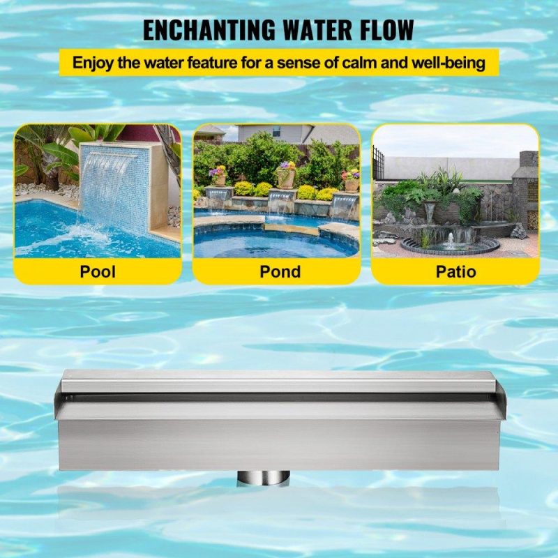 Water Gardens & Ponds | Pool Fountain Stainless Steel Pool Waterfall Spillway with Pipe Connector Rectangular Garden Outdoor (17.7″) Lawn & Garden Water Gardens & Ponds