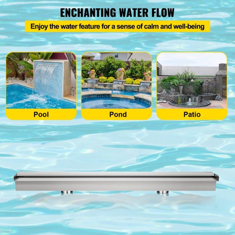 Water Gardens & Ponds | Pool Fountain Stainless Steel Pool Waterfall Spillway with Pipe Connector Rectangular Garden Outdoor (59.1″) Lawn & Garden Water Gardens & Ponds