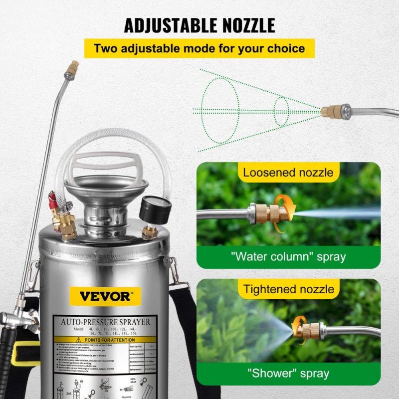 Watering & Irrigation | 1.5Gal Stainless Steel Sprayer, Set with 16″ Wand& Handle& 3.3FT Reinforced Hose, Hand Pump Sprayer with Pressure Gauge&Safety Valve, Adjustable Nozzle Suitable for Gardening& Sanitizing Lawn & Garden Watering & Irrigation