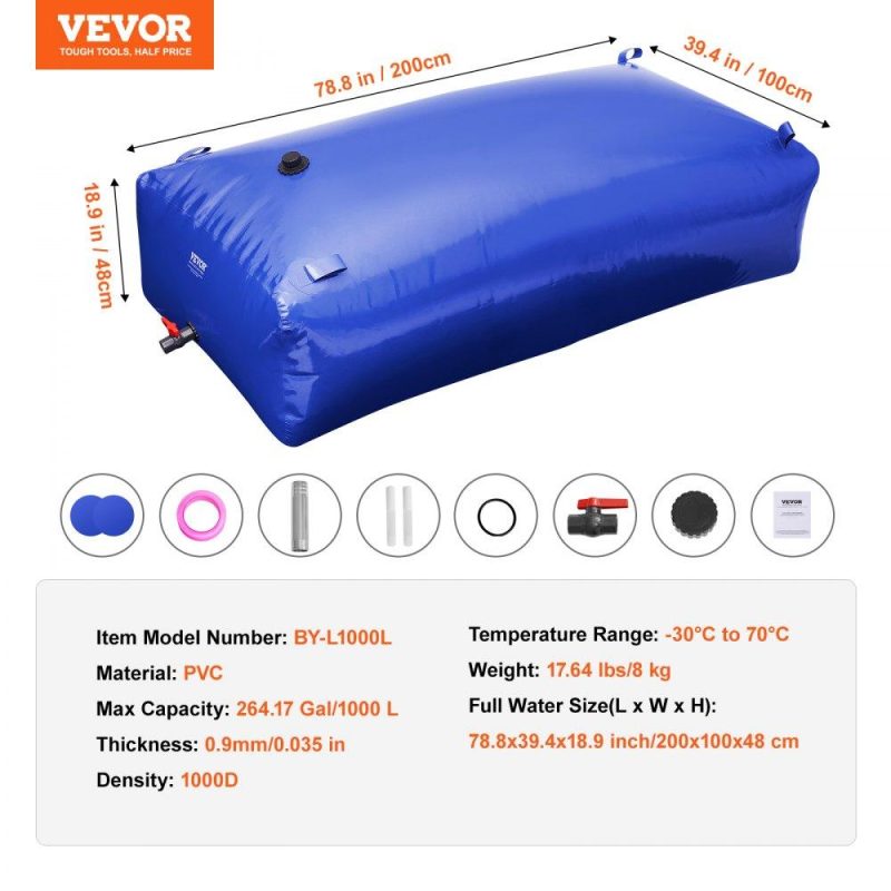 Watering & Irrigation | 1000L/264 Gallon Water Storage Bladder, RV Water Tank, 1000D Blue PVC Collapsible Water Storage Containers, Large Capacity Soft Water Bag, Portable Water Bladder, Fire Prevention, Camping Lawn & Garden Watering & Irrigation