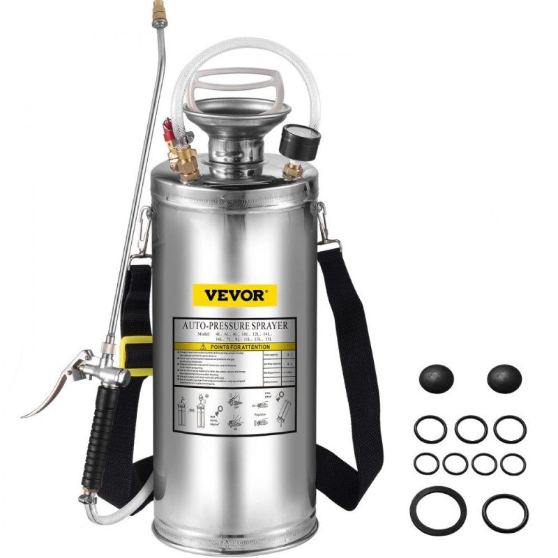 Watering & Irrigation | 2Gal Stainless Steel Sprayer, Set with 20″ Wand& Handle& 3FT Reinforced Hose, Hand Pump Sprayer with Pressure Gauge&Safety Valve, Adjustable Nozzle Suitable for Gardening and Sanitizing Lawn & Garden Watering & Irrigation