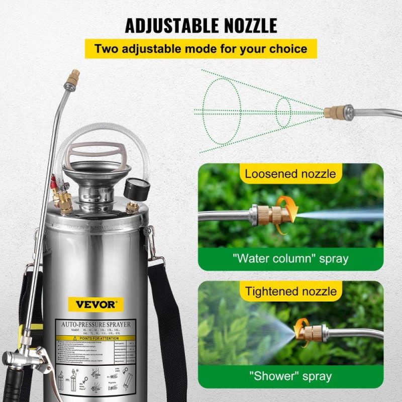 Watering & Irrigation | 3Gal Stainless Steel Sprayer, Set with 20″ Wand& Handle& 3FT Reinforced Hose, Hand Pump Sprayer with Pressure Gauge&Safety Valve, Adjustable Nozzle Suitable for Gardening and Sanitizing Lawn & Garden Watering & Irrigation