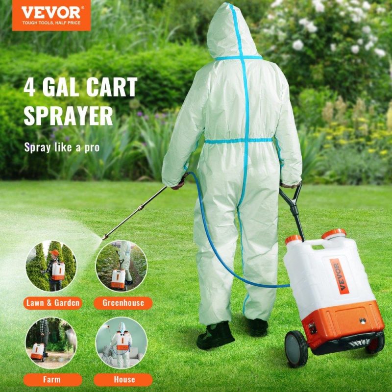 Watering & Irrigation | Battery Powered Backpack Sprayer with Cart, 0-94 PSI Adjustable Pressure, 4 Gallon Tank on Wheels, with 8 Nozzles and 2 Wands, 12V 7.2Ah Battery, Wide Mouth Lid for Weeding, Spraying, Cleaning Lawn & Garden Watering & Irrigation