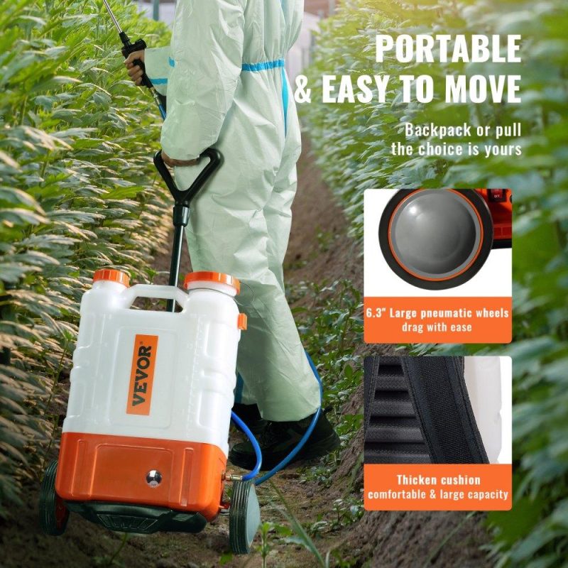 Watering & Irrigation | Battery Powered Backpack Sprayer with Cart, 0-94 PSI Adjustable Pressure, 4 Gallon Tank on Wheels, with 8 Nozzles and 2 Wands, 12V 7.2Ah Battery, Wide Mouth Lid for Weeding, Spraying, Cleaning Lawn & Garden Watering & Irrigation