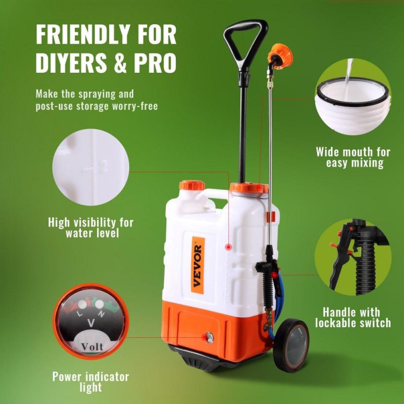 Watering & Irrigation | Battery Powered Backpack Sprayer with Cart, 0-94 PSI Adjustable Pressure, 4 Gallon Tank on Wheels, with 8 Nozzles and 2 Wands, 12V 7.2Ah Battery, Wide Mouth Lid for Weeding, Spraying, Cleaning Lawn & Garden Watering & Irrigation