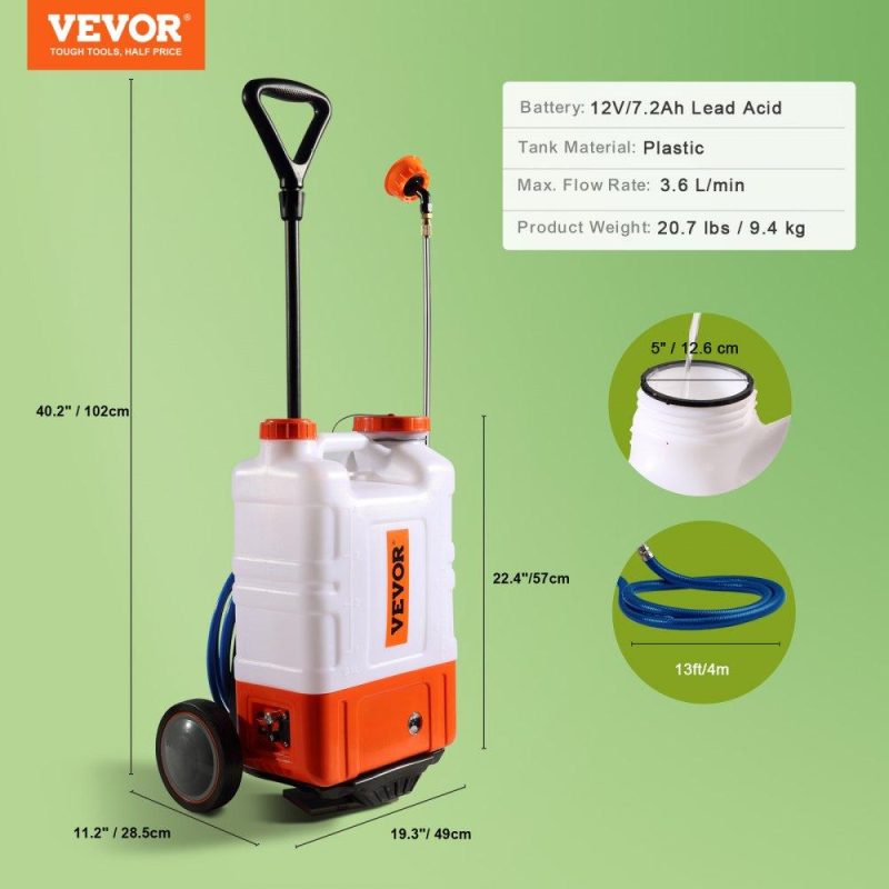 Watering & Irrigation | Battery Powered Backpack Sprayer with Cart, 0-94 PSI Adjustable Pressure, 4 Gallon Tank on Wheels, with 8 Nozzles and 2 Wands, 12V 7.2Ah Battery, Wide Mouth Lid for Weeding, Spraying, Cleaning Lawn & Garden Watering & Irrigation