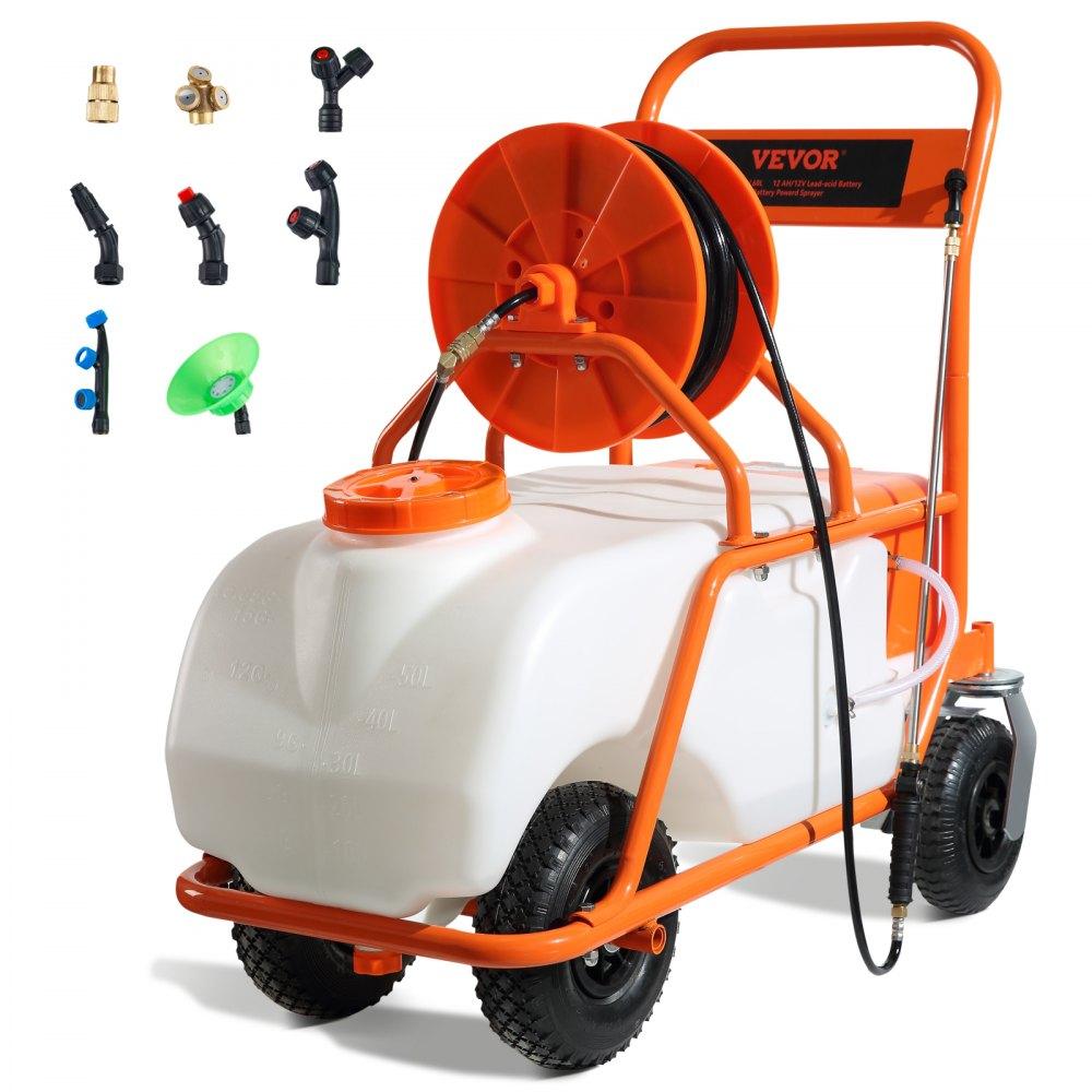 Watering & Irrigation | Battery Powered Lawn Sprayer on Wheel, 0-90 PSI Adjustable Pressure, 15 Gallon Tank, Cart Sprayer with 8 Nozzles and 2 Wands, 12V 12Ah Battery, Wide Mouth Lid for Weeding, Spraying Lawn & Garden Watering & Irrigation