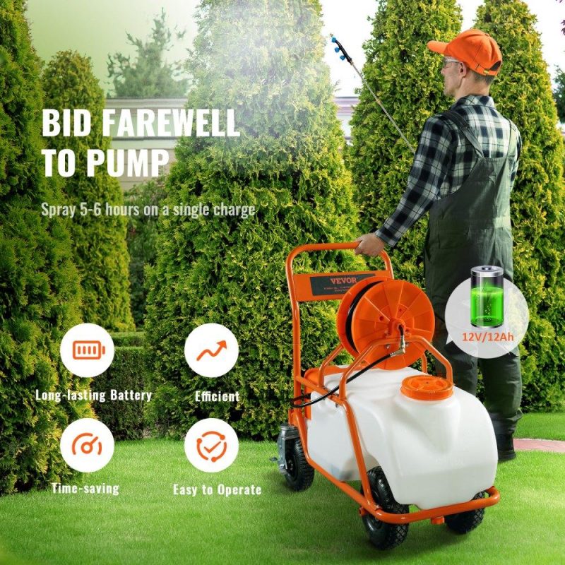 Watering & Irrigation | Battery Powered Lawn Sprayer on Wheel, 0-90 PSI Adjustable Pressure, 15 Gallon Tank, Cart Sprayer with 8 Nozzles and 2 Wands, 12V 12Ah Battery, Wide Mouth Lid for Weeding, Spraying Lawn & Garden Watering & Irrigation