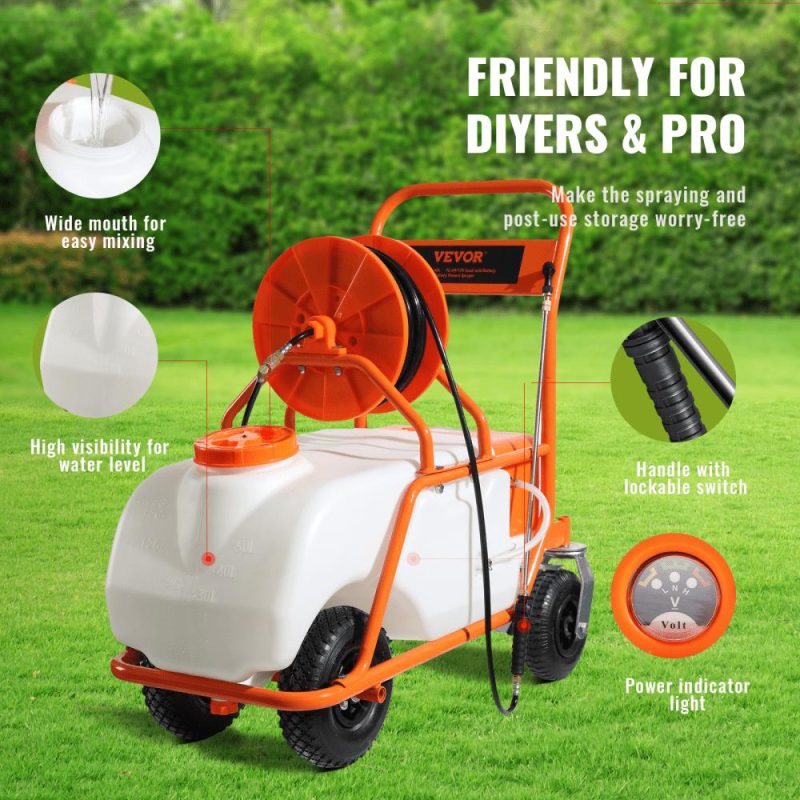 Watering & Irrigation | Battery Powered Lawn Sprayer on Wheel, 0-90 PSI Adjustable Pressure, 15 Gallon Tank, Cart Sprayer with 8 Nozzles and 2 Wands, 12V 12Ah Battery, Wide Mouth Lid for Weeding, Spraying Lawn & Garden Watering & Irrigation