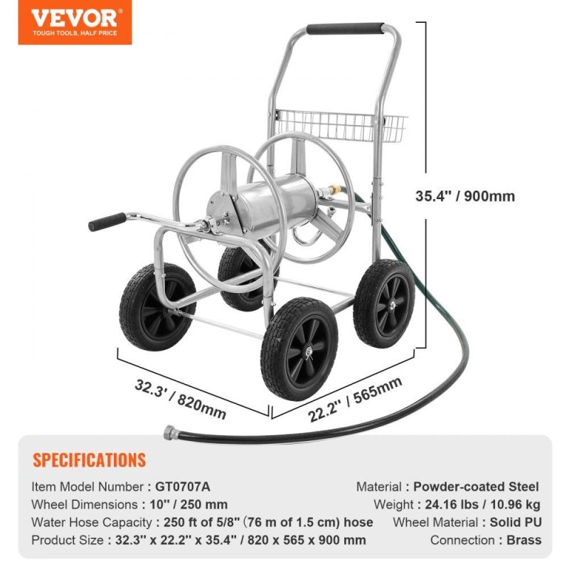 Watering & Irrigation | Hose Reel Cart, Hold Up to 250 ft of 5/8’’ Hose, Garden Water Hose Carts Mobile Tools with 4 Wheels, Heavy Duty Powder-coated Steel Outdoor Planting with Storage Basket, for Garden, Yard, Lawn Lawn & Garden Watering & Irrigation