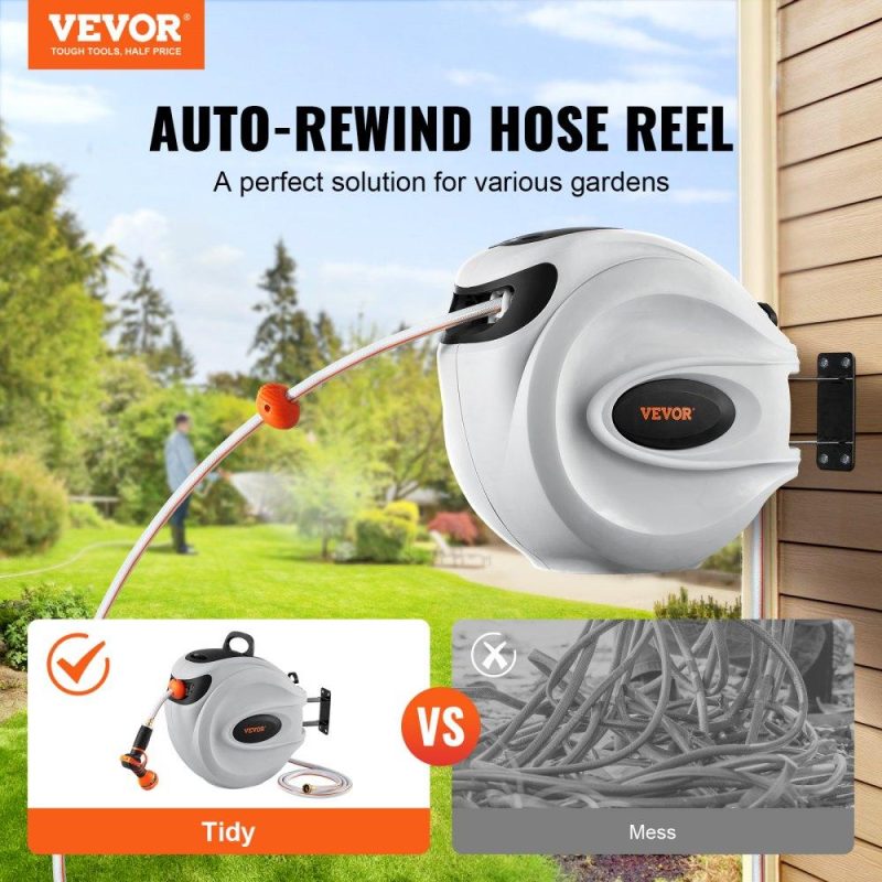 Watering & Irrigation | Retractable Hose Reel Water Hose Reel 100’x1/2″ 180° Swivel Wall-Mounted,Garden Water Hose Reel with 9-Pattern Nozzle,Automatic Rewind, Lock at Any Length, with Slow Return System Lawn & Garden Watering & Irrigation