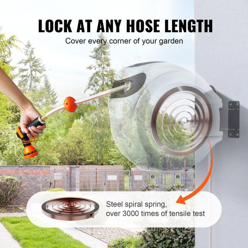 Watering & Irrigation | Retractable Hose Reel Water Hose Reel 100’x1/2″ 180° Swivel Wall-Mounted,Garden Water Hose Reel with 9-Pattern Nozzle,Automatic Rewind, Lock at Any Length, with Slow Return System Lawn & Garden Watering & Irrigation