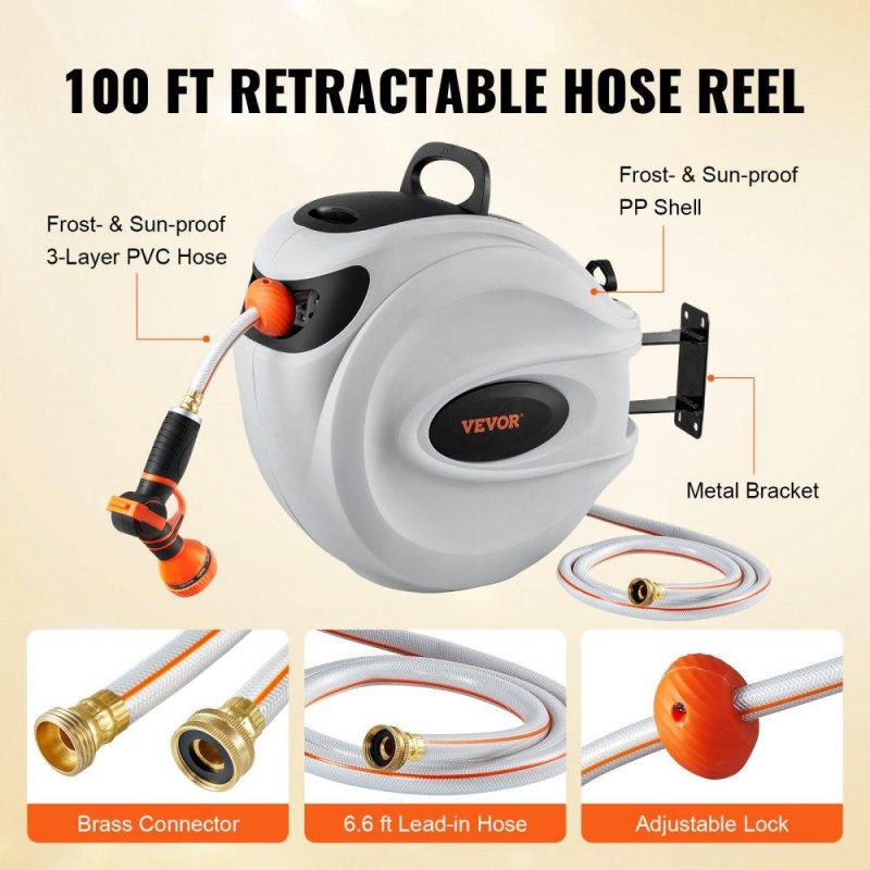 Watering & Irrigation | Retractable Hose Reel Water Hose Reel 100’x1/2″ 180° Swivel Wall-Mounted,Garden Water Hose Reel with 9-Pattern Nozzle,Automatic Rewind, Lock at Any Length, with Slow Return System Lawn & Garden Watering & Irrigation