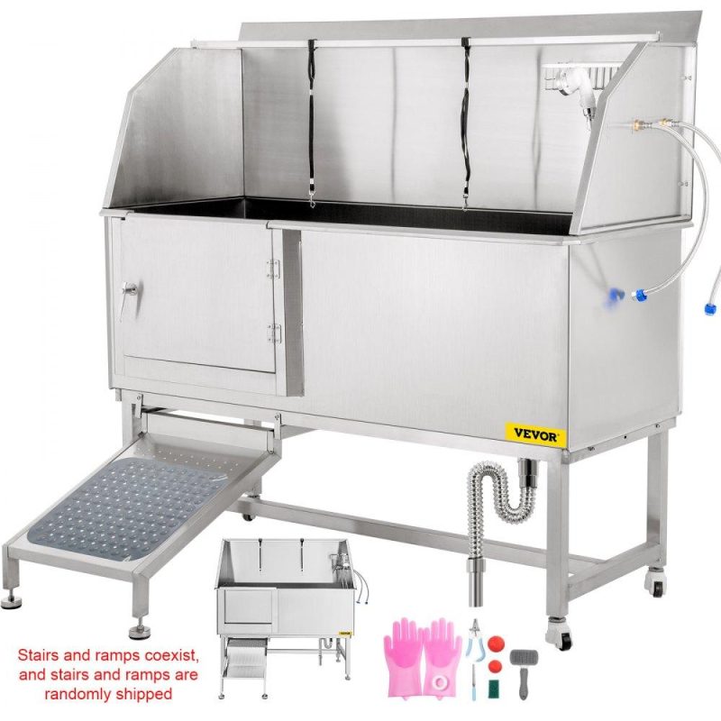 Dog Grooming Tub | Dog Grooming Tub, 62″ L Pet Wash Station, 304 Stainless Steel Pet Grooming Tub Rated 661LBS Load Capacity, Non-Skid Dog Washing Station Comes with Ramp, Faucet, Sprayer and Drain Kit Agriculture & Forestry Equipment Dog Grooming Tub