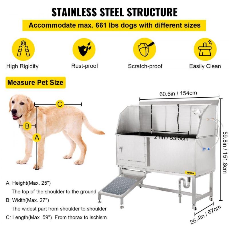 Dog Grooming Tub | Dog Grooming Tub, 62″ L Pet Wash Station, 304 Stainless Steel Pet Grooming Tub Rated 661LBS Load Capacity, Non-Skid Dog Washing Station Comes with Ramp, Faucet, Sprayer and Drain Kit Agriculture & Forestry Equipment Dog Grooming Tub