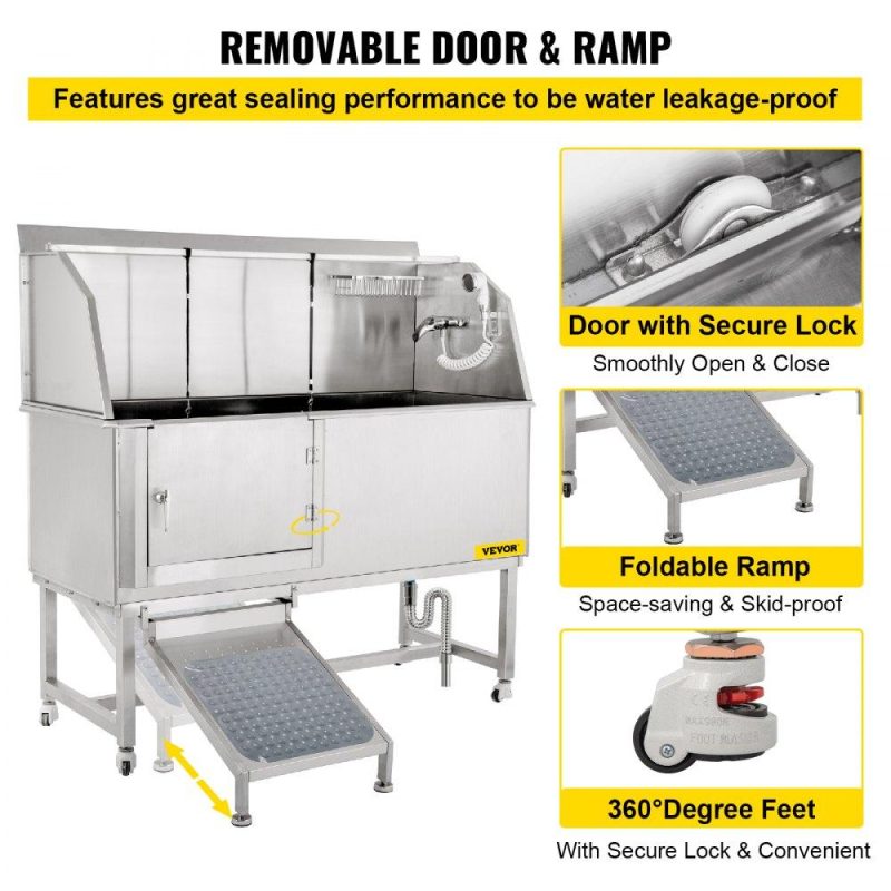 Dog Grooming Tub | Dog Grooming Tub, 62″ L Pet Wash Station, 304 Stainless Steel Pet Grooming Tub Rated 661LBS Load Capacity, Non-Skid Dog Washing Station Comes with Ramp, Faucet, Sprayer and Drain Kit Agriculture & Forestry Equipment Dog Grooming Tub