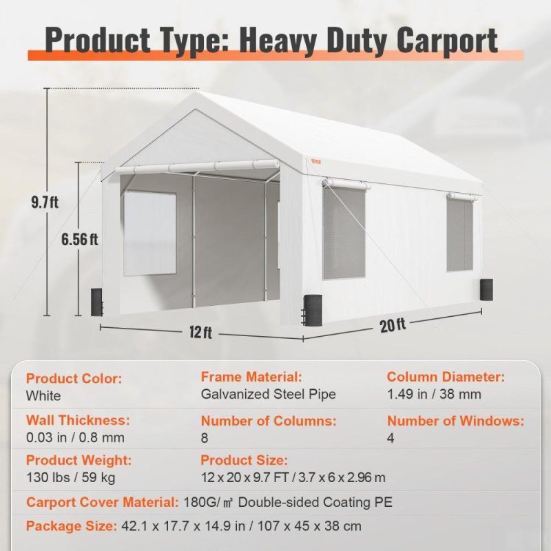 Landscaping & Shade | Carport, Heavy Duty 10x20ft Car Canopy, Outdoor Garage Shelter with Removable Sidewalls, Roll-up Ventilated Windows & Doors, UV Resistant Waterproof All-Season Tarp for Car, Truck, Boat, White White Landscaping & Shade Landscaping & Shade