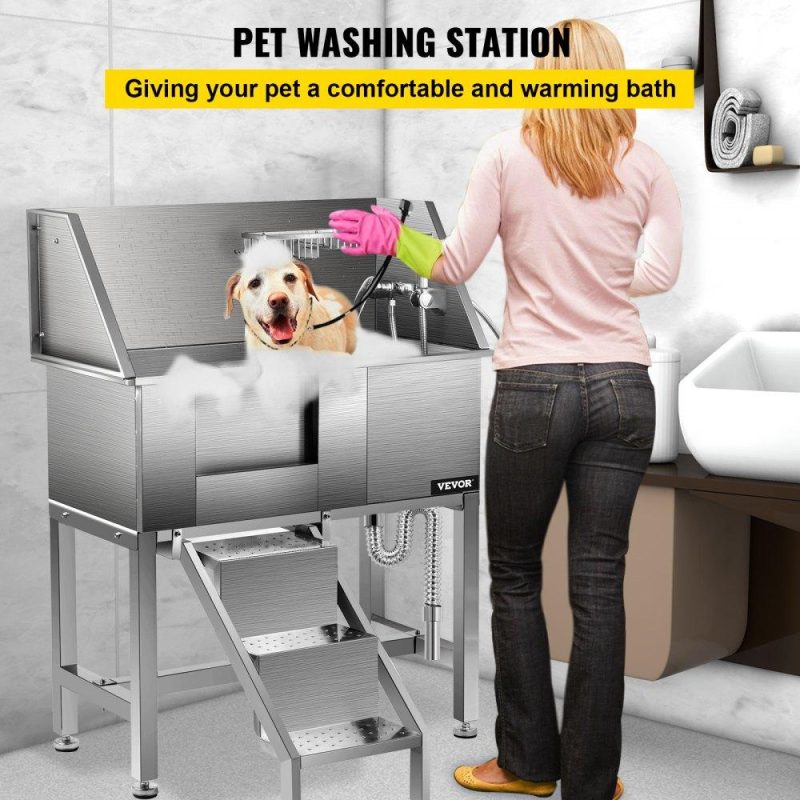 Pet Supplies | 34″ Pet Grooming Tub Stainless Steel Dog Wash Station Pet Washing Station and Dog Bath Tub Water-Resistant Grooming Tub for Dogs with Removable Door & Ladder on The Left Agriculture & Forestry Equipment Dog Grooming Tub