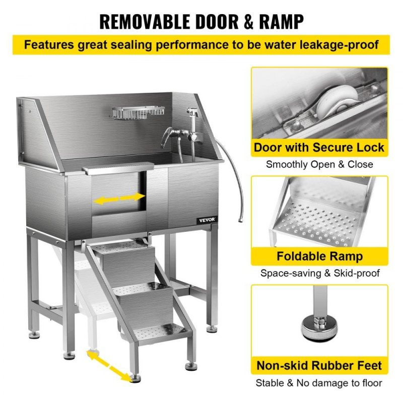 Pet Supplies | 34″ Pet Grooming Tub Stainless Steel Dog Wash Station Pet Washing Station and Dog Bath Tub Water-Resistant Grooming Tub for Dogs with Removable Door & Ladder on The Left Agriculture & Forestry Equipment Dog Grooming Tub