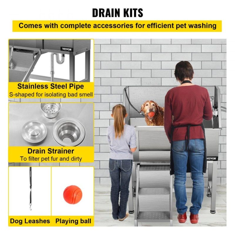 Pet Supplies | 34″ Pet Grooming Tub Stainless Steel Dog Wash Station Pet Washing Station and Dog Bath Tub Water-Resistant Grooming Tub for Dogs with Removable Door & Ladder on The Left Agriculture & Forestry Equipment Dog Grooming Tub