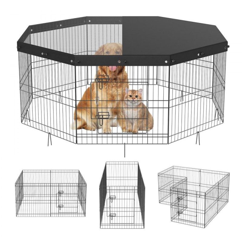 Pet Supplies | Dog Playpen, 8 Panels Foldable Metal Dog Exercise Pen with Top Cover, 24″ H Pet Fence Puppy Crate Kennel with Ground Stakes, Indoor Outdoor Dog Pen for Small Medium Pets, for Camping, Yard Agriculture & Forestry Equipment Pet Supplies