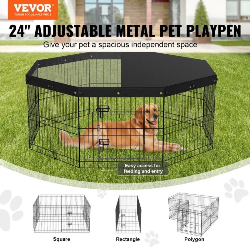 Pet Supplies | Dog Playpen, 8 Panels Foldable Metal Dog Exercise Pen with Top Cover, 24″ H Pet Fence Puppy Crate Kennel with Ground Stakes, Indoor Outdoor Dog Pen for Small Medium Pets, for Camping, Yard Agriculture & Forestry Equipment Pet Supplies