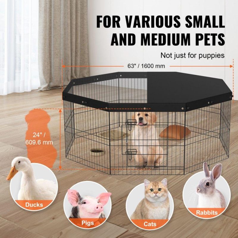 Pet Supplies | Dog Playpen, 8 Panels Foldable Metal Dog Exercise Pen with Top Cover, 24″ H Pet Fence Puppy Crate Kennel with Ground Stakes, Indoor Outdoor Dog Pen for Small Medium Pets, for Camping, Yard Agriculture & Forestry Equipment Pet Supplies