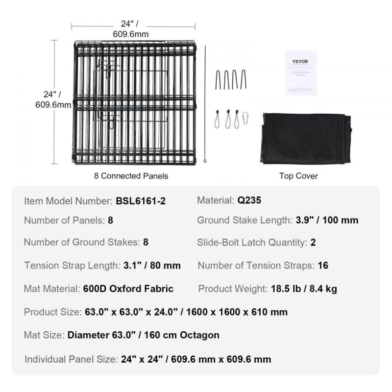 Pet Supplies | Dog Playpen, 8 Panels Foldable Metal Dog Exercise Pen with Top Cover, 24″ H Pet Fence Puppy Crate Kennel with Ground Stakes, Indoor Outdoor Dog Pen for Small Medium Pets, for Camping, Yard Agriculture & Forestry Equipment Pet Supplies