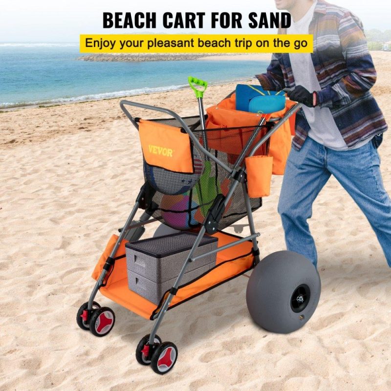 Patio Furniture & Accessories | Beach Wonder Wheeler, 12″ All-Terrain Balloon Wheels, 350 lbs Beach Cart for Sand, Beach Buggy w/ Flip Flop Holder, Storage Bag, 2 Beach Chair Holders, Orange Orange Lawn & Garden Orange