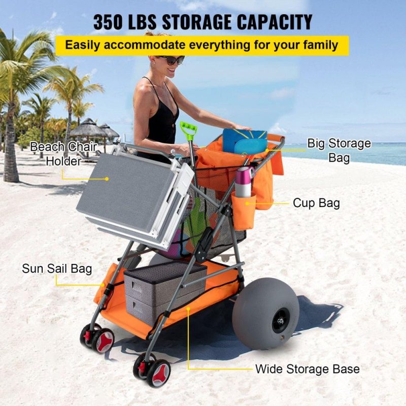 Patio Furniture & Accessories | Beach Wonder Wheeler, 12″ All-Terrain Balloon Wheels, 350 lbs Beach Cart for Sand, Beach Buggy w/ Flip Flop Holder, Storage Bag, 2 Beach Chair Holders, Orange Orange Lawn & Garden Orange