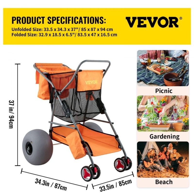 Patio Furniture & Accessories | Beach Wonder Wheeler, 12″ All-Terrain Balloon Wheels, 350 lbs Beach Cart for Sand, Beach Buggy w/ Flip Flop Holder, Storage Bag, 2 Beach Chair Holders, Orange Orange Lawn & Garden Orange