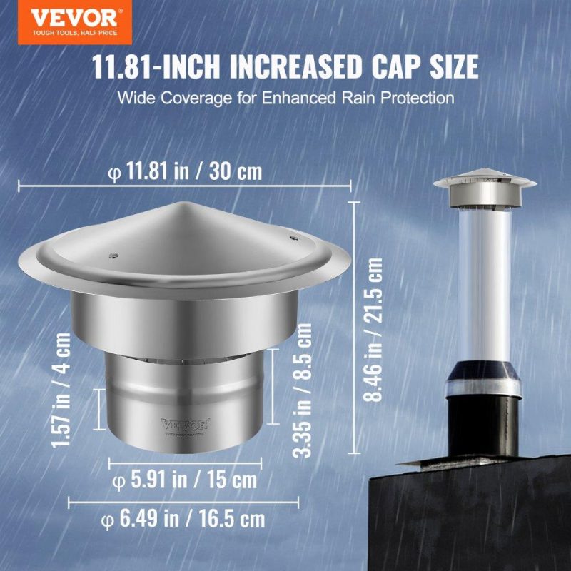 Patio Furniture & Accessories | Chimney Cap, 6 inch, 304 Stainless Steel Round Roof Rain Cap, 11.81-inch Increased Caps, All Weather & Reinforced Screws & Easy Installation, for Perfect Insulation Vent Cover Outside, Silver Lawn & Garden Patio Furniture & Accessories