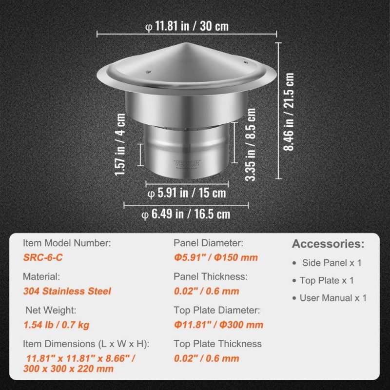 Patio Furniture & Accessories | Chimney Cap, 6 inch, 304 Stainless Steel Round Roof Rain Cap, 11.81-inch Increased Caps, All Weather & Reinforced Screws & Easy Installation, for Perfect Insulation Vent Cover Outside, Silver Lawn & Garden Patio Furniture & Accessories