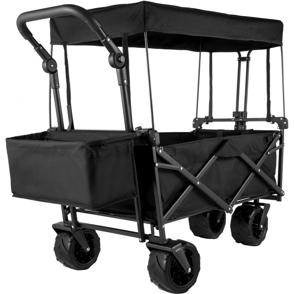 Patio Furniture & Accessories | Extra Large Collapsible Garden Cart with Removable Canopy, Folding Wagon Utility Carts with Wheels and Rear Storage, Wagon Cart for Garden, Camping, Grocery Cart, Shopping Cart, Black Black Lawn & Garden Black