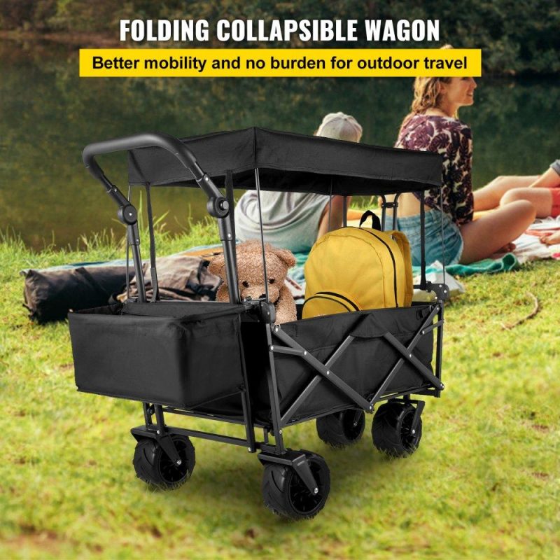 Patio Furniture & Accessories | Extra Large Collapsible Garden Cart with Removable Canopy, Folding Wagon Utility Carts with Wheels and Rear Storage, Wagon Cart for Garden, Camping, Grocery Cart, Shopping Cart, Black Black Lawn & Garden Black