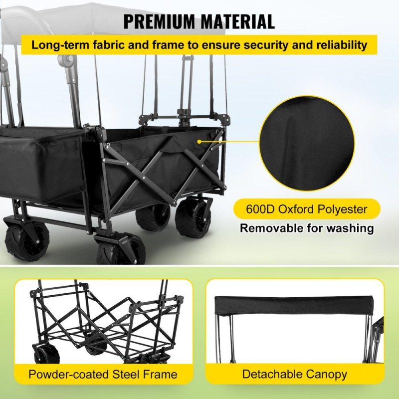 Patio Furniture & Accessories | Extra Large Collapsible Garden Cart with Removable Canopy, Folding Wagon Utility Carts with Wheels and Rear Storage, Wagon Cart for Garden, Camping, Grocery Cart, Shopping Cart, Black Black Lawn & Garden Black