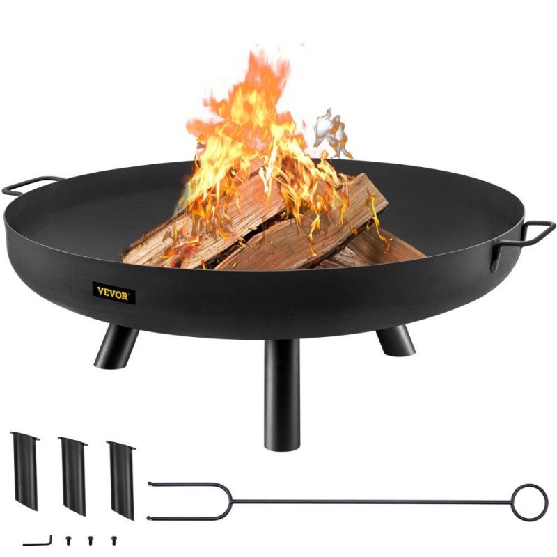 Patio Furniture & Accessories | Fire Pit Bowl, 30-Inch Deep Round Carbon Steel Fire Bowl, Wood Burning for Outdoor Patios, Backyards & Camping Uses, with A Drain Hole, Portable Handles and A Firewood Stick, Black Black Lawn & Garden Black